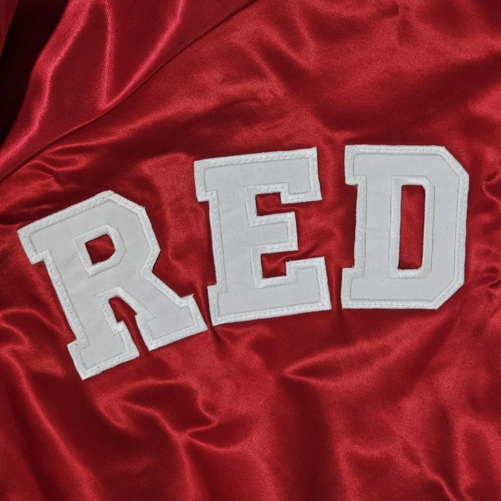 St John's Red Storm Vintage 90s Chalk Line Satin Bomber Jacket